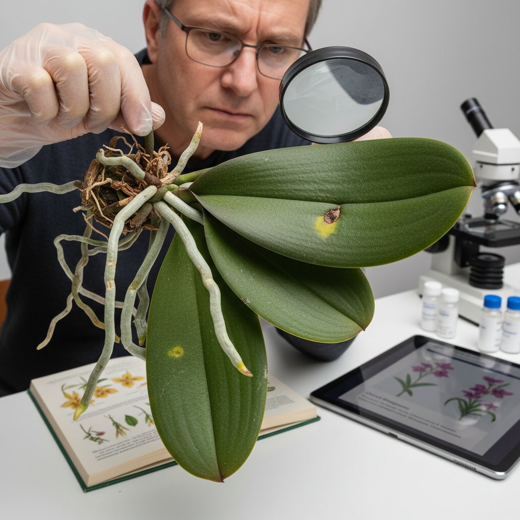 Osoba sprawdzająca liście i korzenie storczyka, szybka diagnoza
