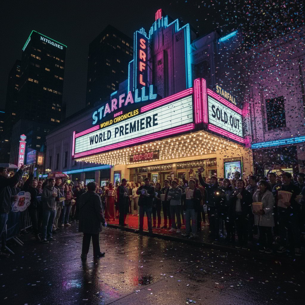 Excited movie fans at a blockbuster premiere, neon lights, night setting, cultural phenomenon, box office excitement