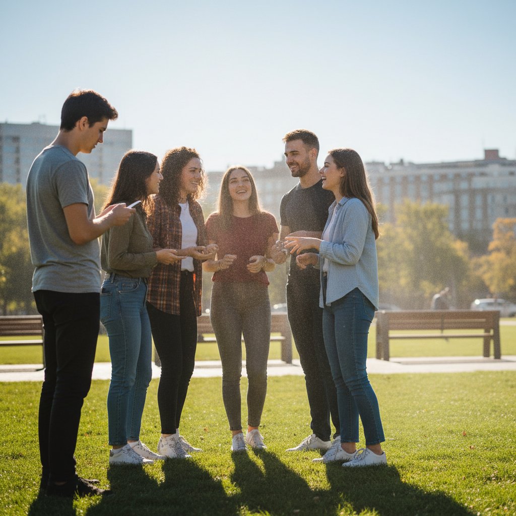 Grupa ludzi rozmawia, jedna osoba stoi z boku samotnie, wyraźnie wykluczona, temat: wykluczenie społeczne