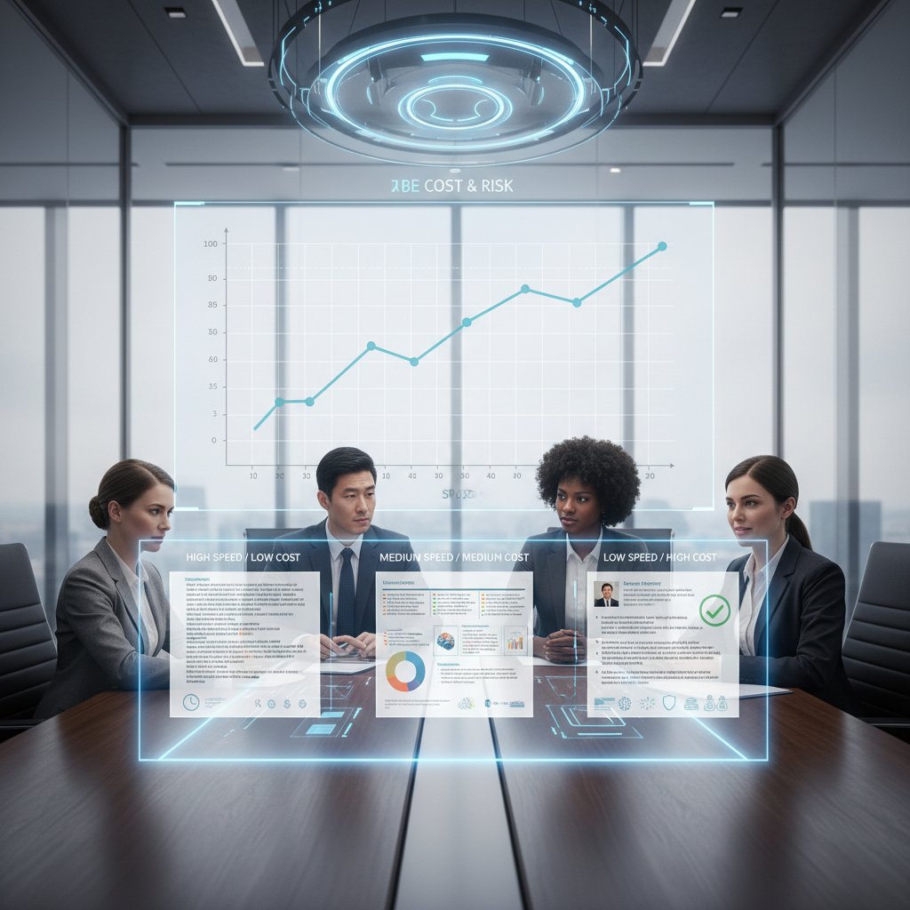 Executives reviewing instant AI-generated document summaries, discussing cost and speed trade-offs