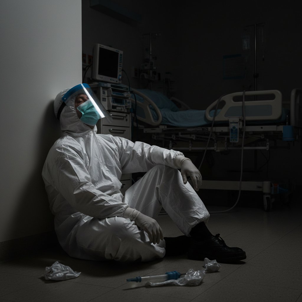 Wycieńczony lekarz w pełnym PPE po intubacji, szpital podczas pandemii