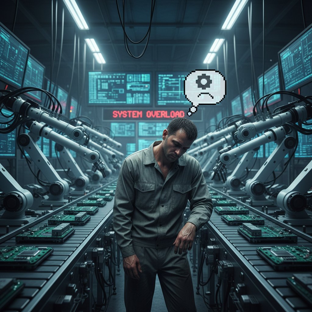 Zmęczony pracownik patrzy na automatyczną linię produkcyjną – przesyt technologią, utrata motywacji