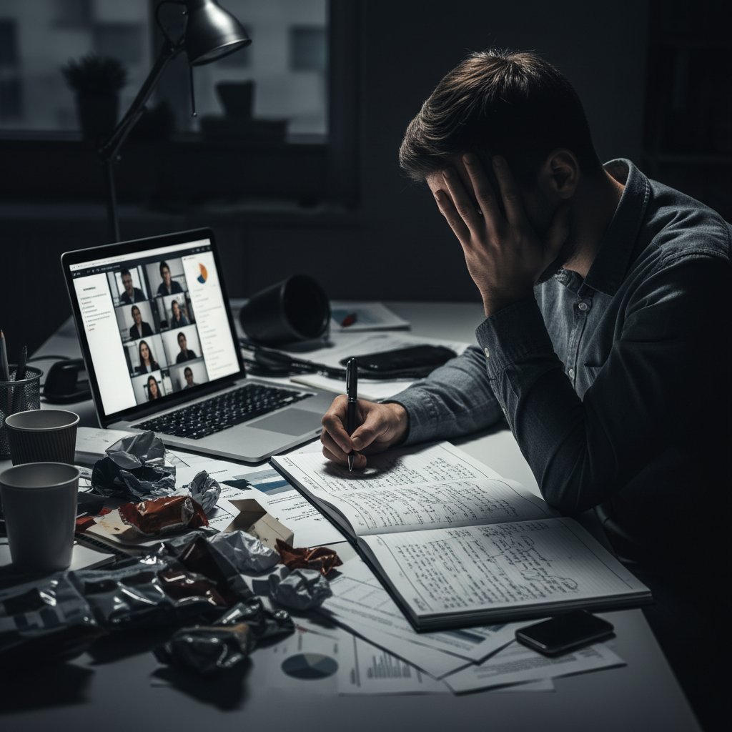Exhausted employee surrounded by meeting notes, representing meeting services overload and fatigue