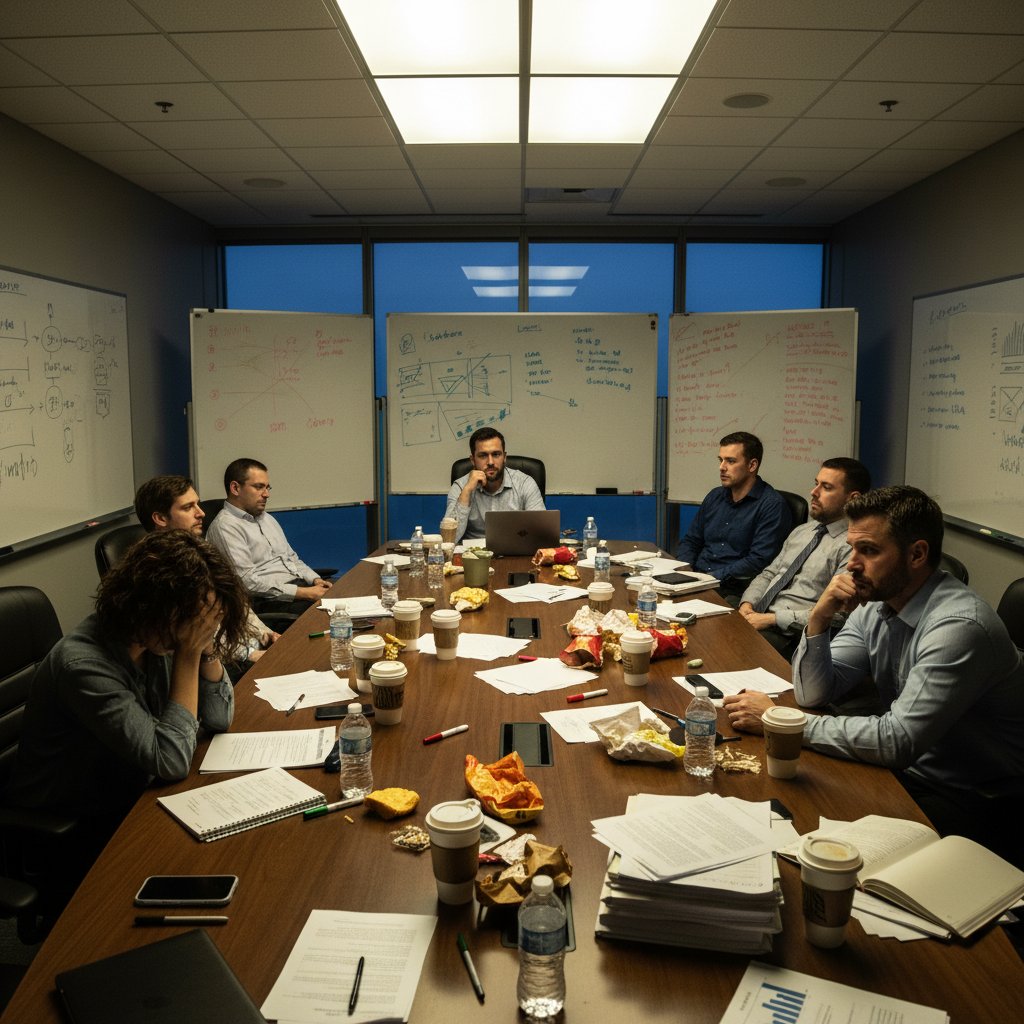 Exhausted employees in endless meeting, frustrated expressions, cluttered conference room, meeting planner chaos, high contrast, 16:9