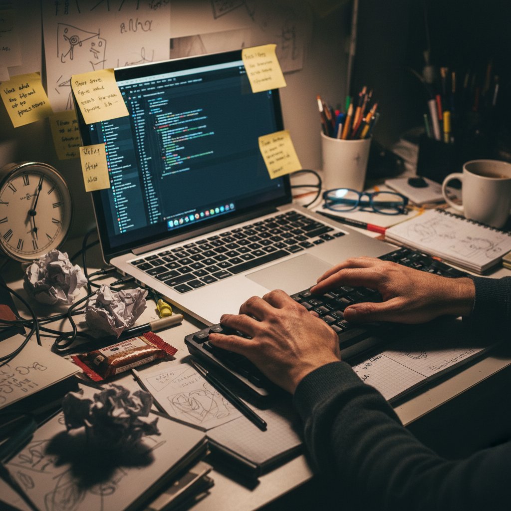 Zmęczone ręce twórcy nad klawiaturą, chaos notatek i narzędzi AI wokół, półmrok, presja czasu