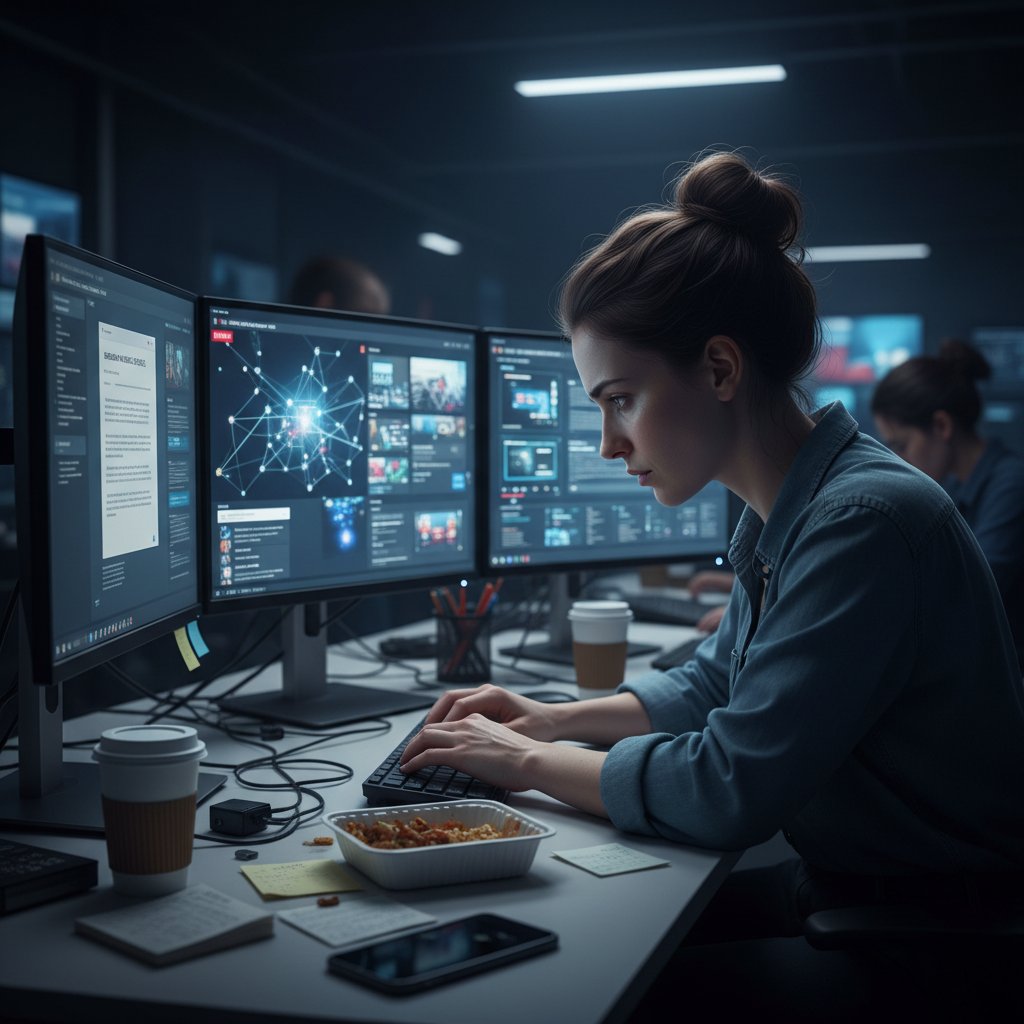 Exhausted journalist at night in a digital newsroom, news article creator, midnight newsroom crisis