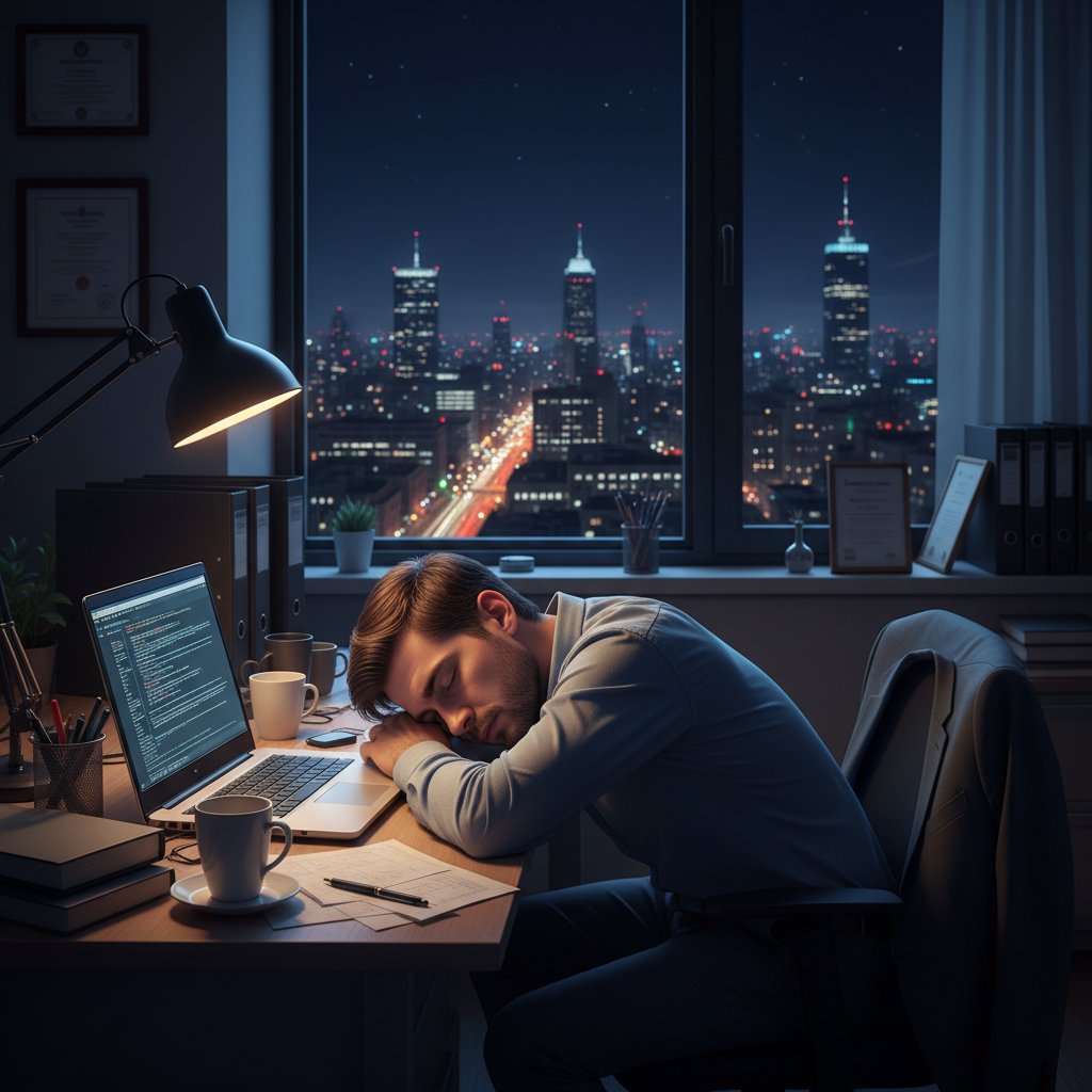 Zmęczony pracownik biurowy zasypiający nad komputerem, miasto za oknem, noc