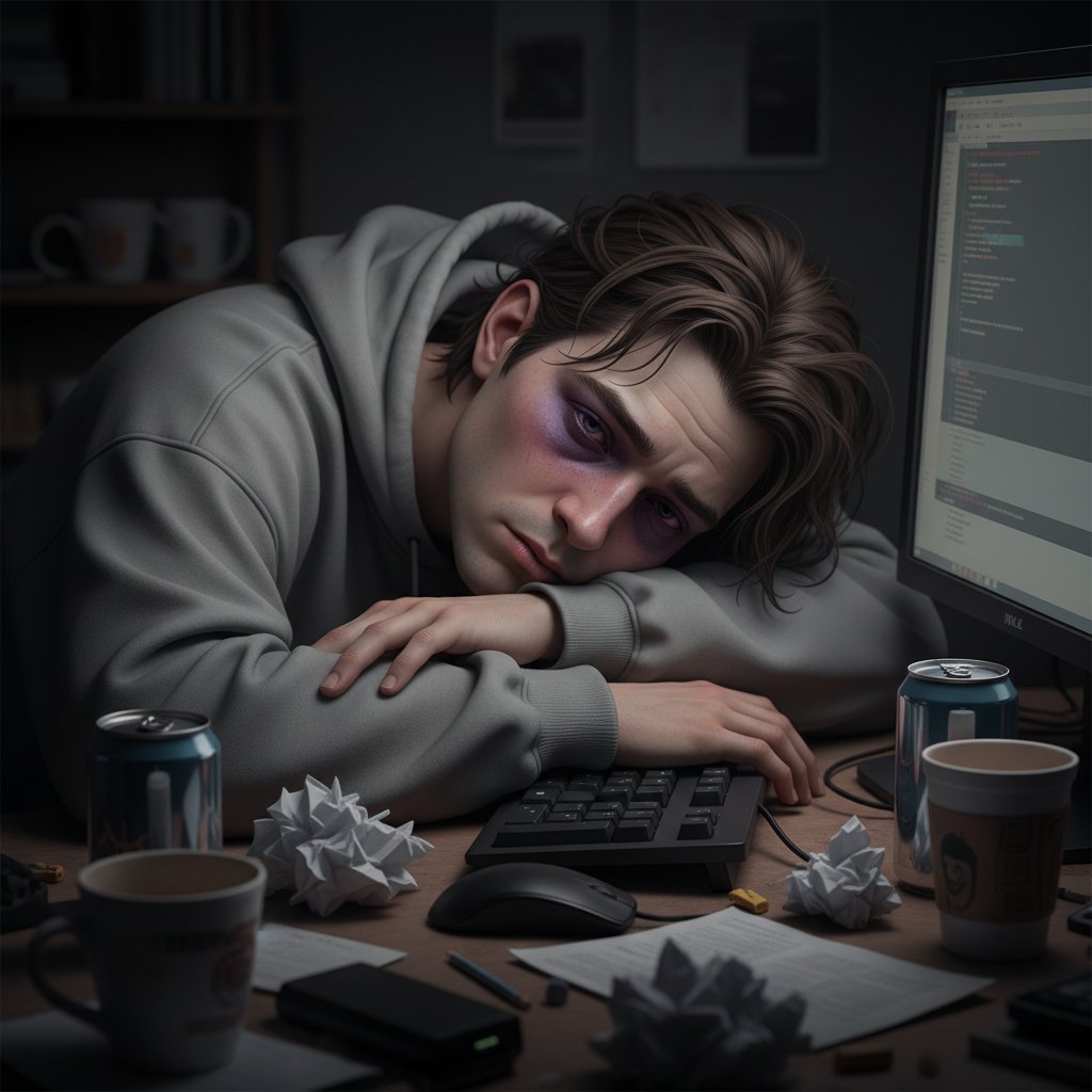 Zbliżenie na twarz osoby wyczerpanej pracą przy komputerze, podkrążone oczy, symbolizujące toksyczne zaangażowanie