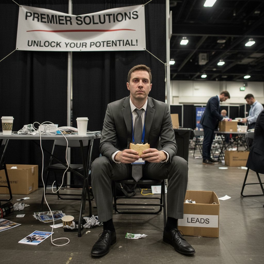 Salesperson exhausted at event, showing signs of burnout and fatigue