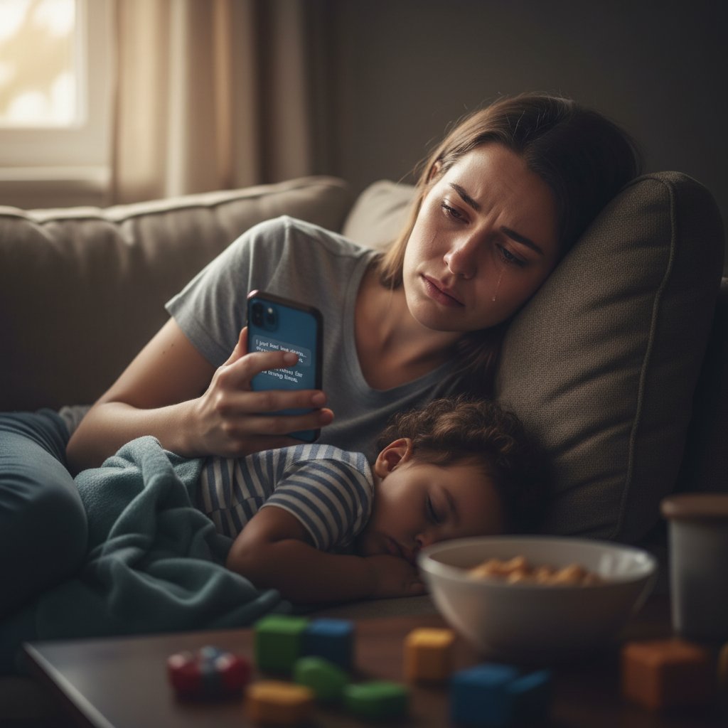 Erschöpfte alleinerziehende Mutter im Gespräch am Smartphone, emotionale Unterstützung