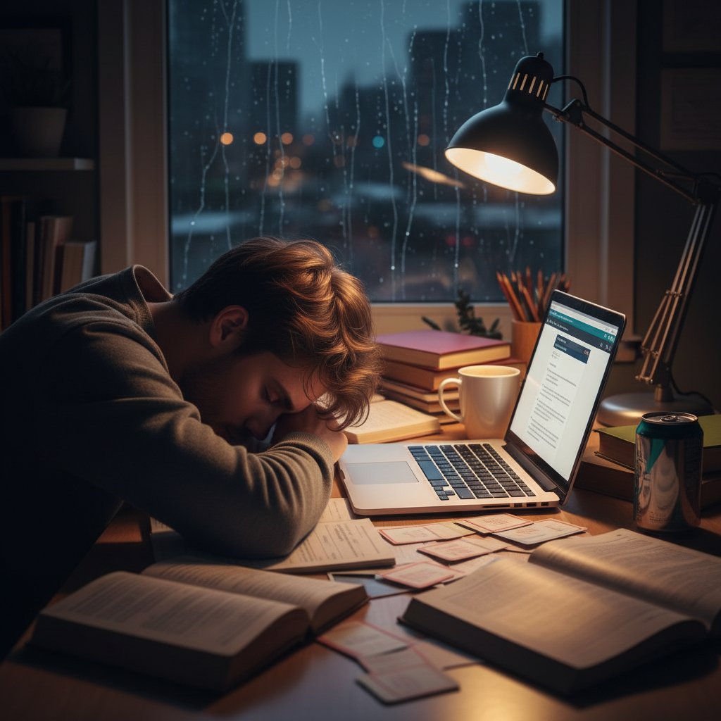 Zmęczony student uczący się angielskiego po nocach, laptop, ciemne światło, zrezygnowanie