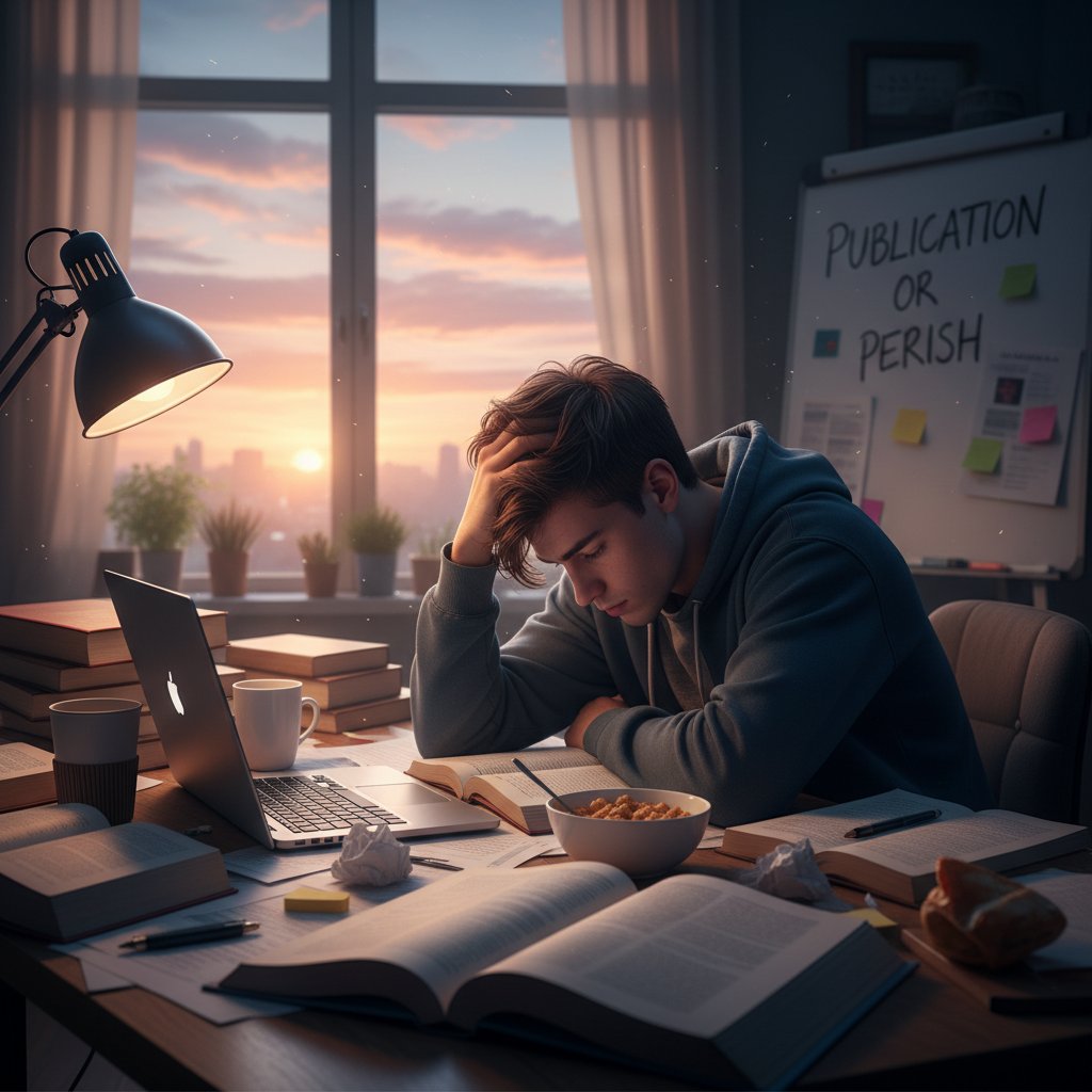 Photo: exhausted student at dawn, surrounded by paperwork and a glowing laptop