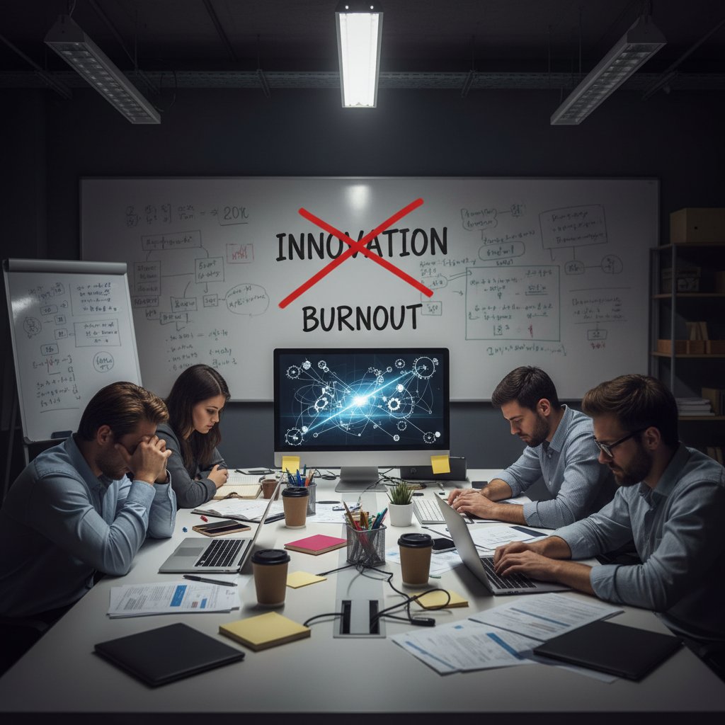 Burnout in high-speed innovation teams, exhausted team in dimly lit office with empty pizza boxes