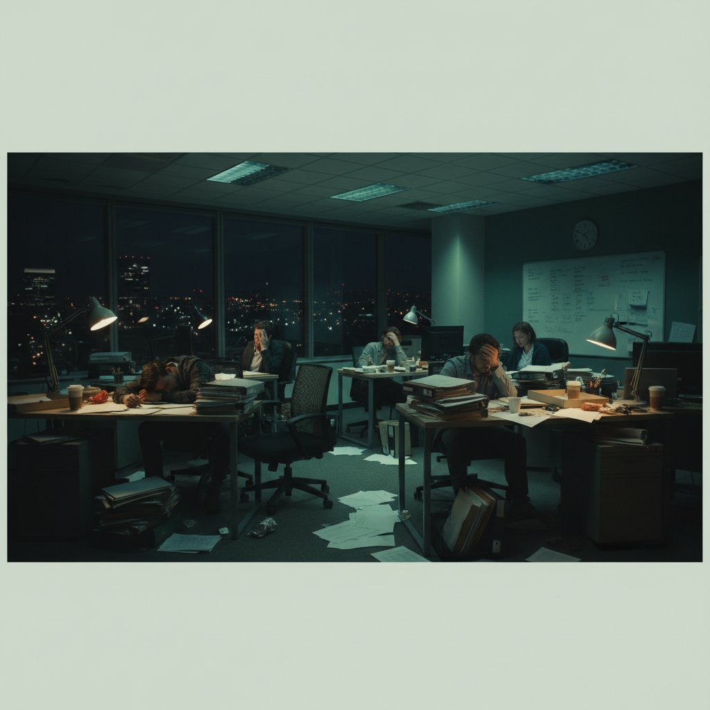 Zmęczony zespół nocą w biurze, stosy dokumentów i zmęczenie – mit o produktywności przez nadgodziny