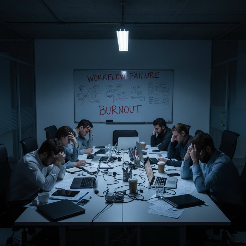Exhausted team experiencing workflow failure and burnout