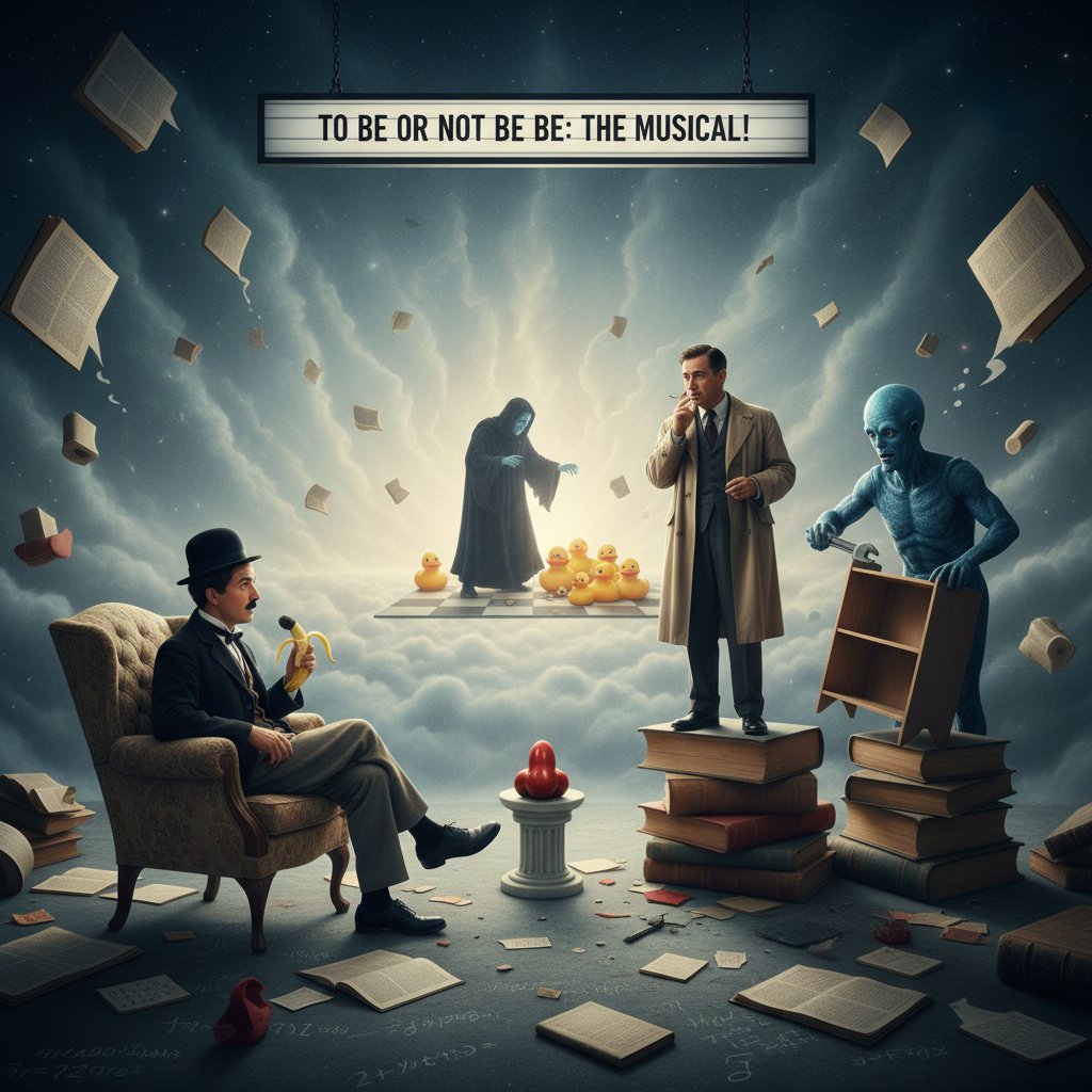 Existential movie characters staring at surreal absurdity with existential humor