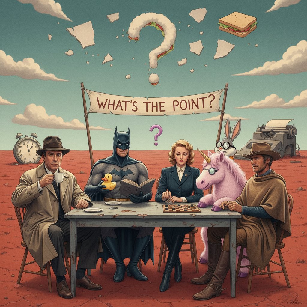 Characters from various existential comedies in a shared absurd scene