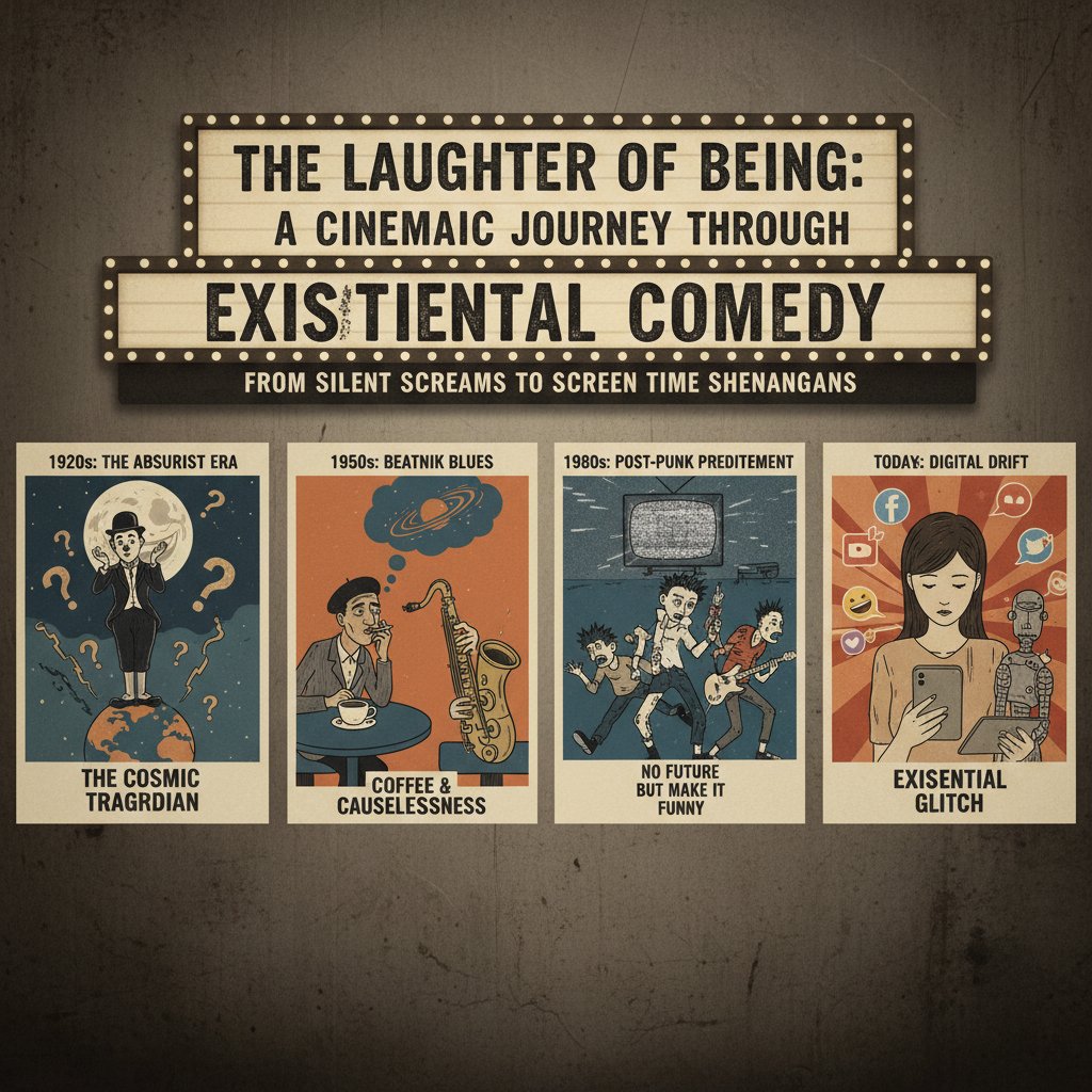 Montage of existential comedy movie posters spanning decades