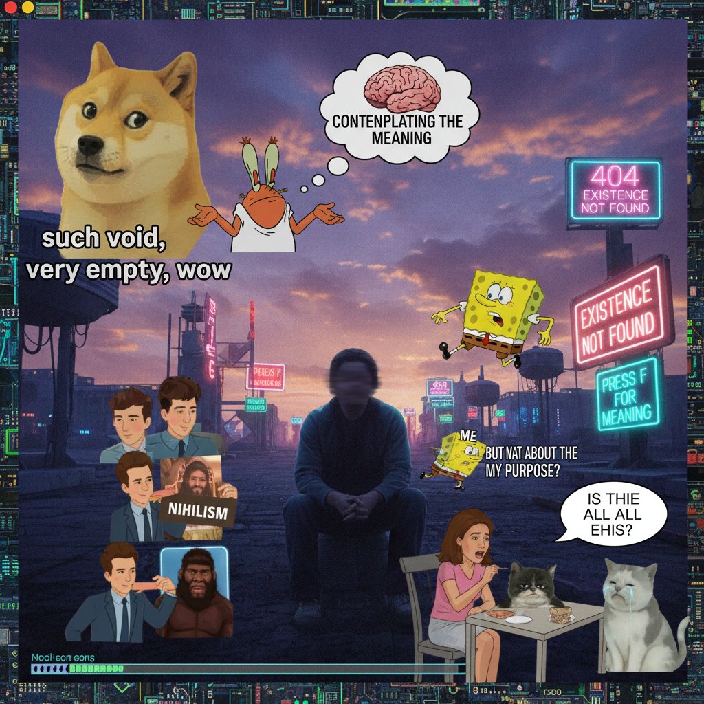 Collage of existential movie scenes as internet meme, existentialism in pop culture