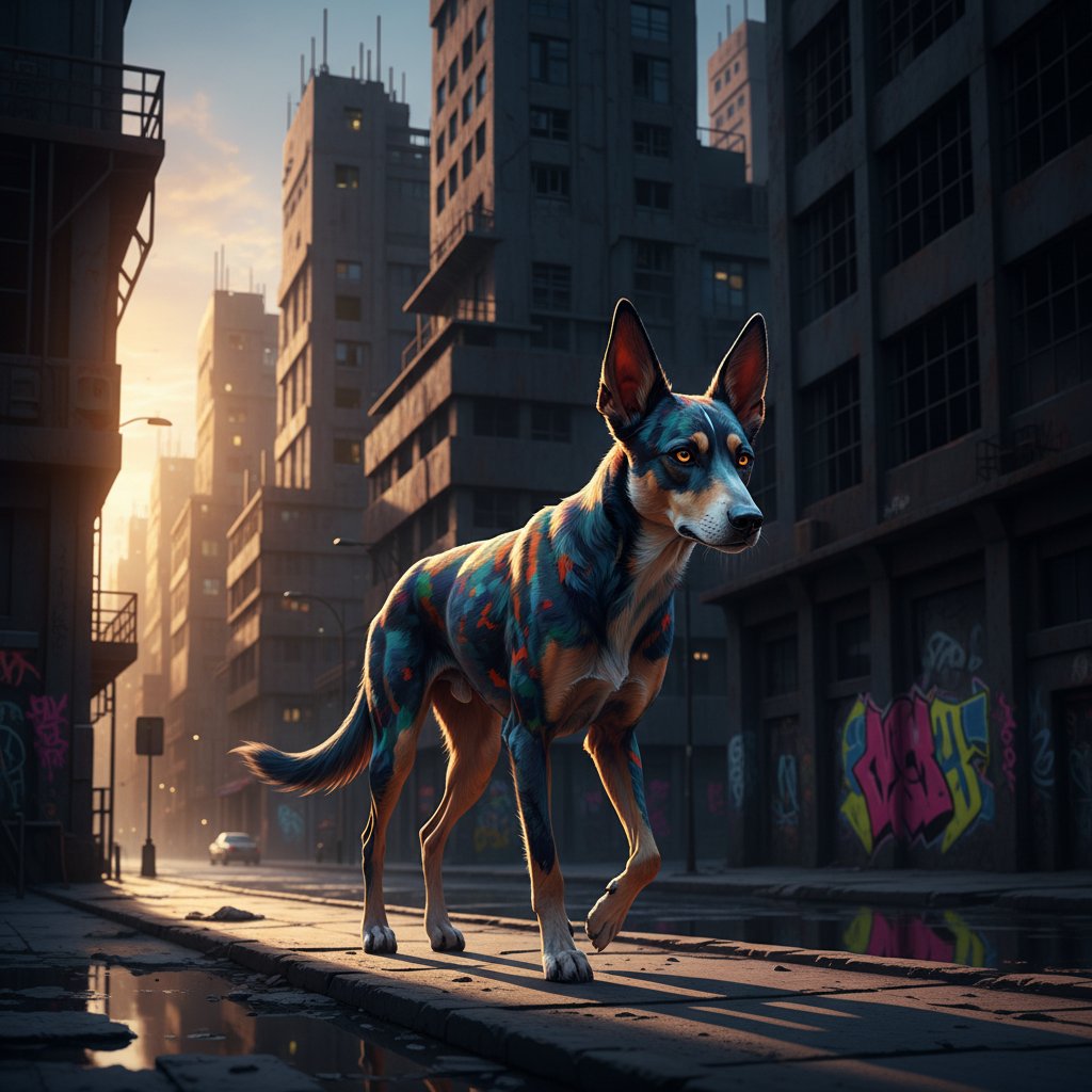 Egzotyczny pies na tle miejskiego blokowiska, kontrast pomiędzy rasą a środowiskiem