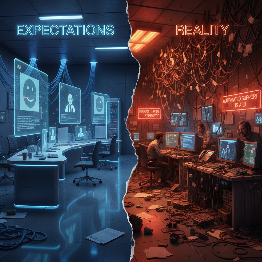 Expectations vs reality in customer support automation: tangled wires in a moody, neon-lit support center, symbolizing the complexity of automating satisfaction