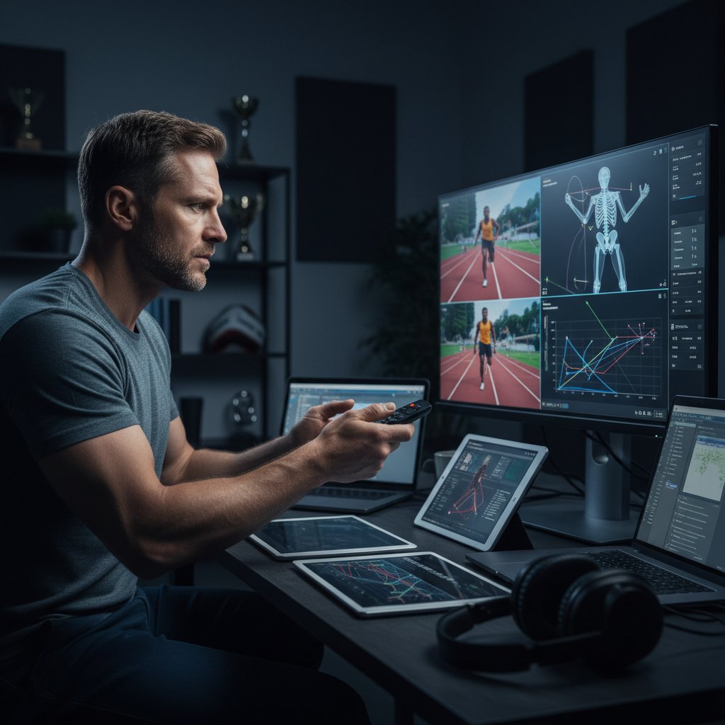 Doświadczony sportowiec analizuje swoje powtórzenia na nagraniu wideo, skupienie na twarzy