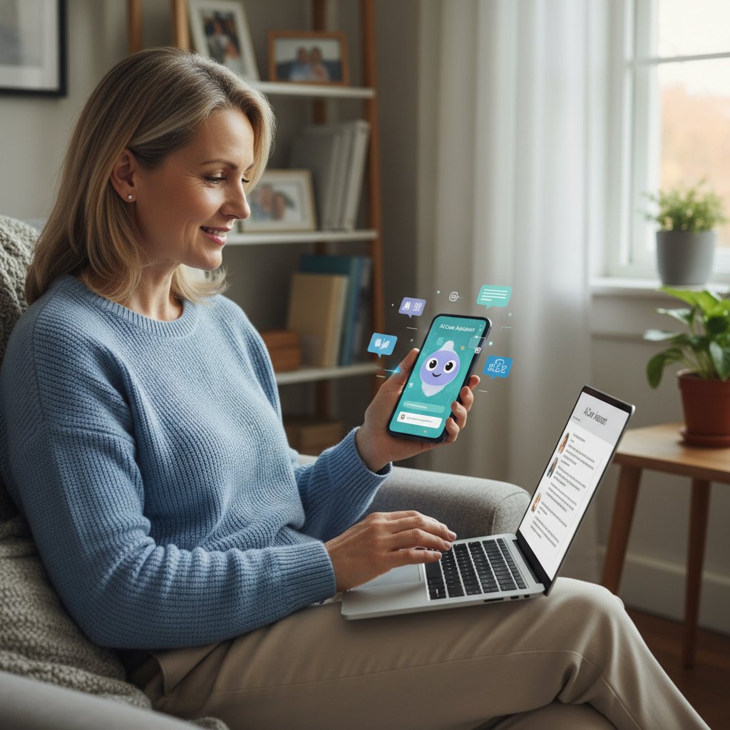 Doświadczony opiekun używa smartfona i laptopa, wsparcie technologiczne, AI dla opiekunów