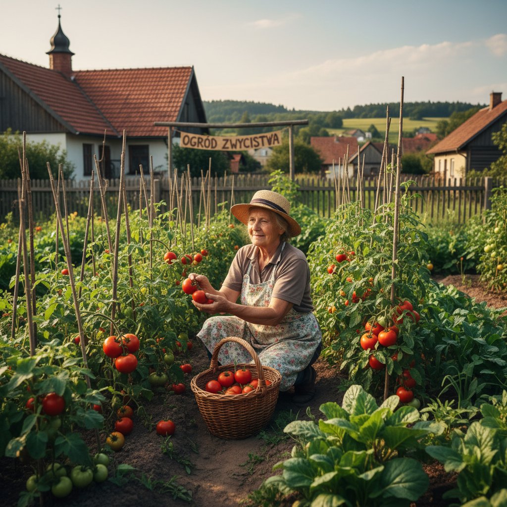 Doświadczony ogrodnik z satysfakcją zrywający zdrowe pomidory w polskim ogrodzie po burzy sukcesów i porażek