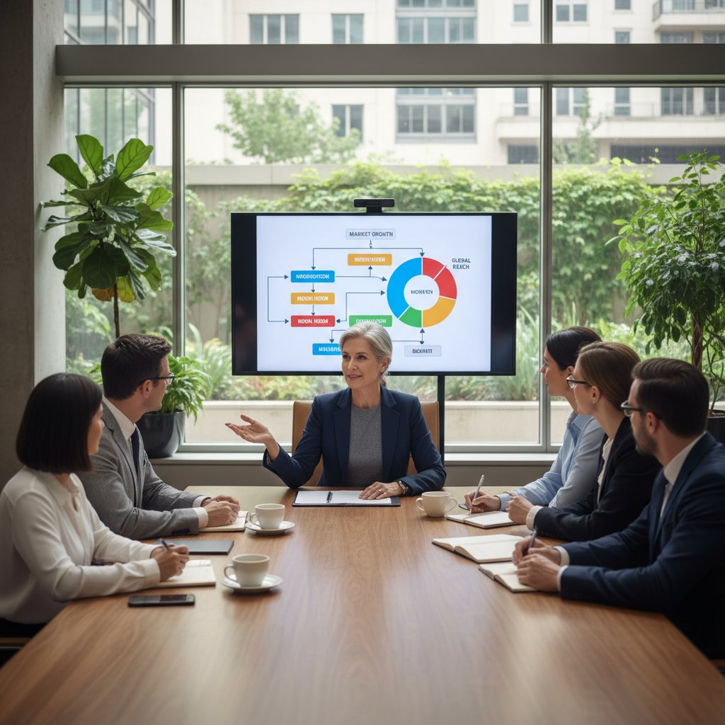 Doświadczony lider firmy rozmawia z zespołem o zachowaniu obecnej strategii, spokojna atmosfera