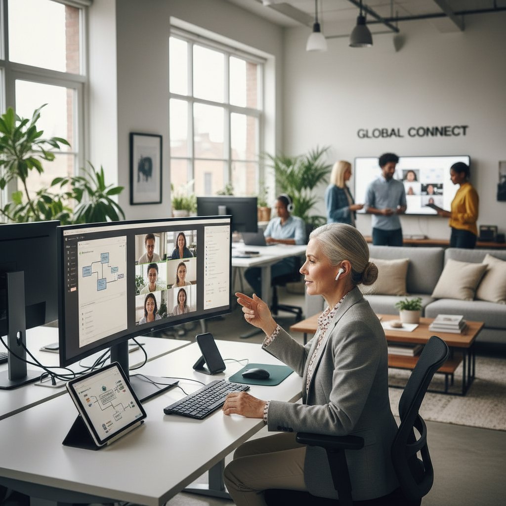 Doświadczony menedżer korzystający z kilku urządzeń cyfrowych podczas pracy zdalnej na tle nowoczesnego biura