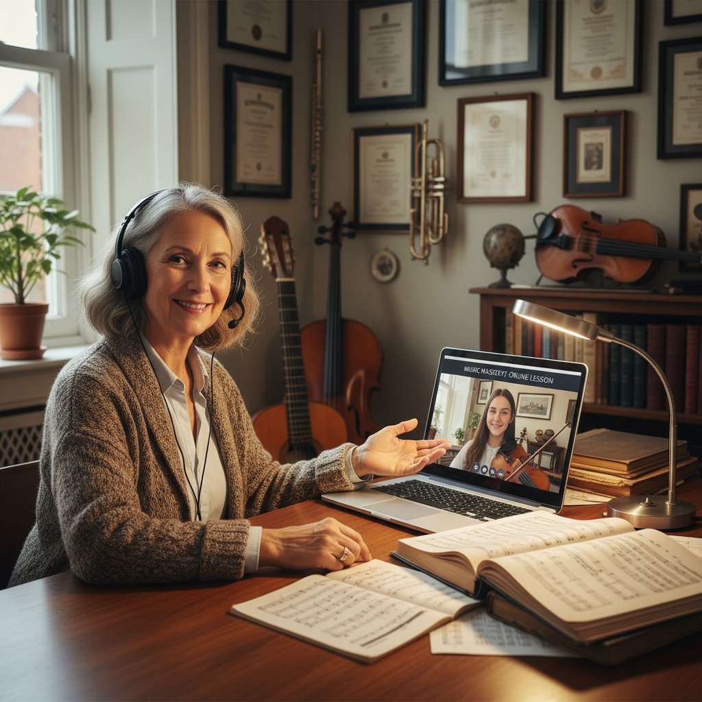 Doświadczony nauczyciel muzyki udzielający konsultacji online, laptop, nuty w tle