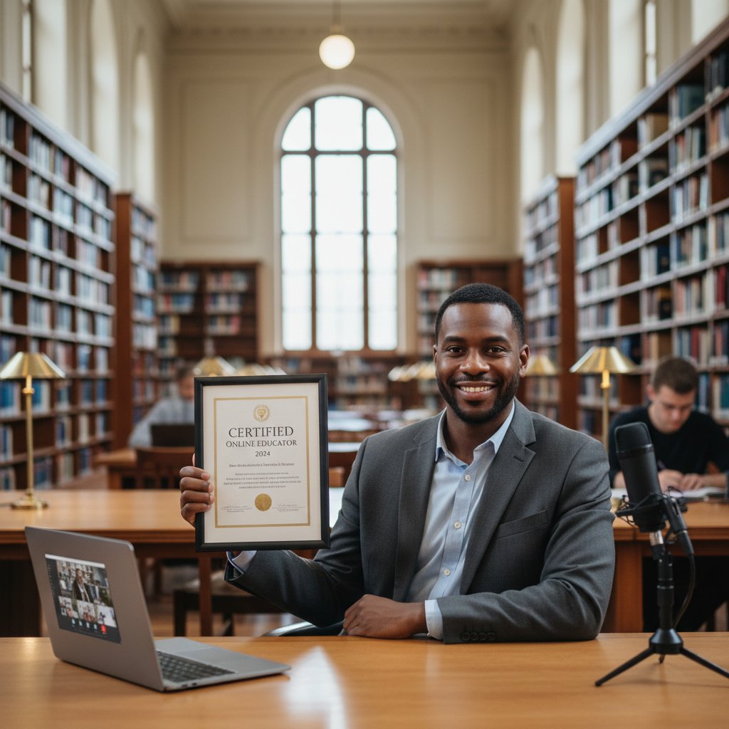 Doświadczony korepetytor online z certyfikatem, tło biblioteki, profesjonalna atmosfera