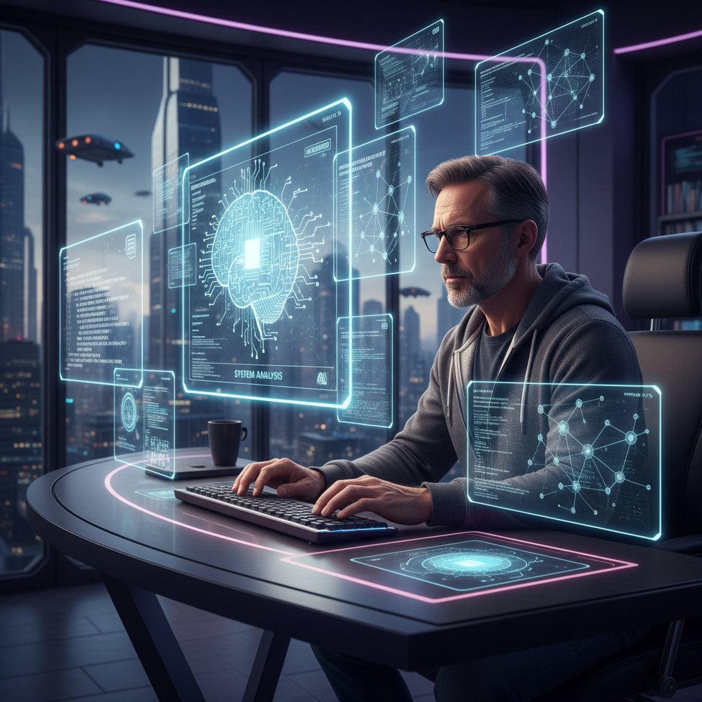 Doświadczony programista analizujący złożony system w nowoczesnym biurze, elementy kodu na ekranie, słowa kluczowe: programista, system, analiza AI