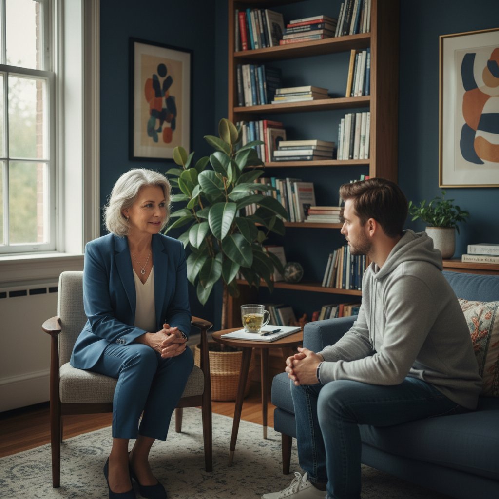 Doświadczony psycholog przy pracy z pacjentem, symbolizujący różnice w cenach usług