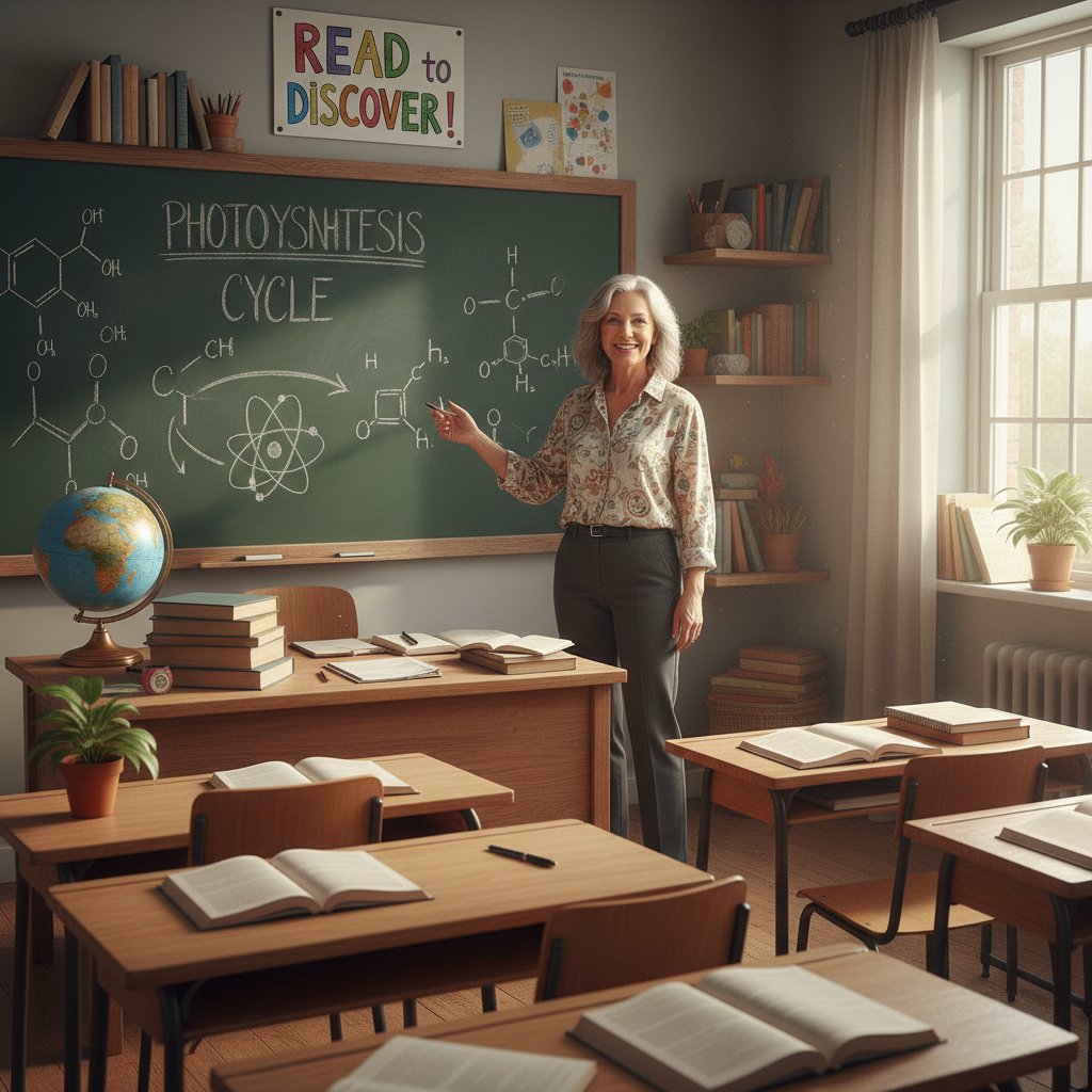 Doświadczony nauczyciel prowadzący lekcję w klasycznej sali, w tle tablica i podręczniki