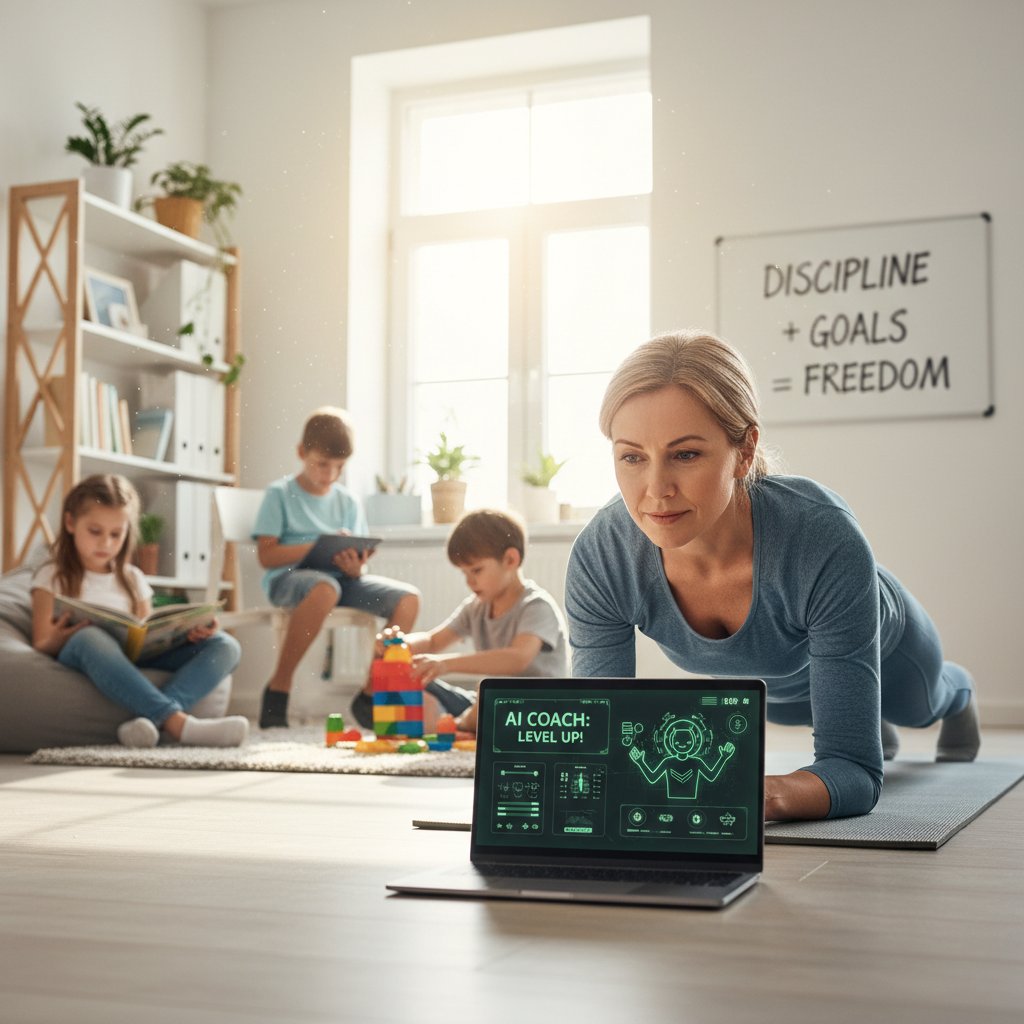 Doświadczona kobieta wykonująca ćwiczenia przy laptopie, dzieci w tle, motywacja i AI