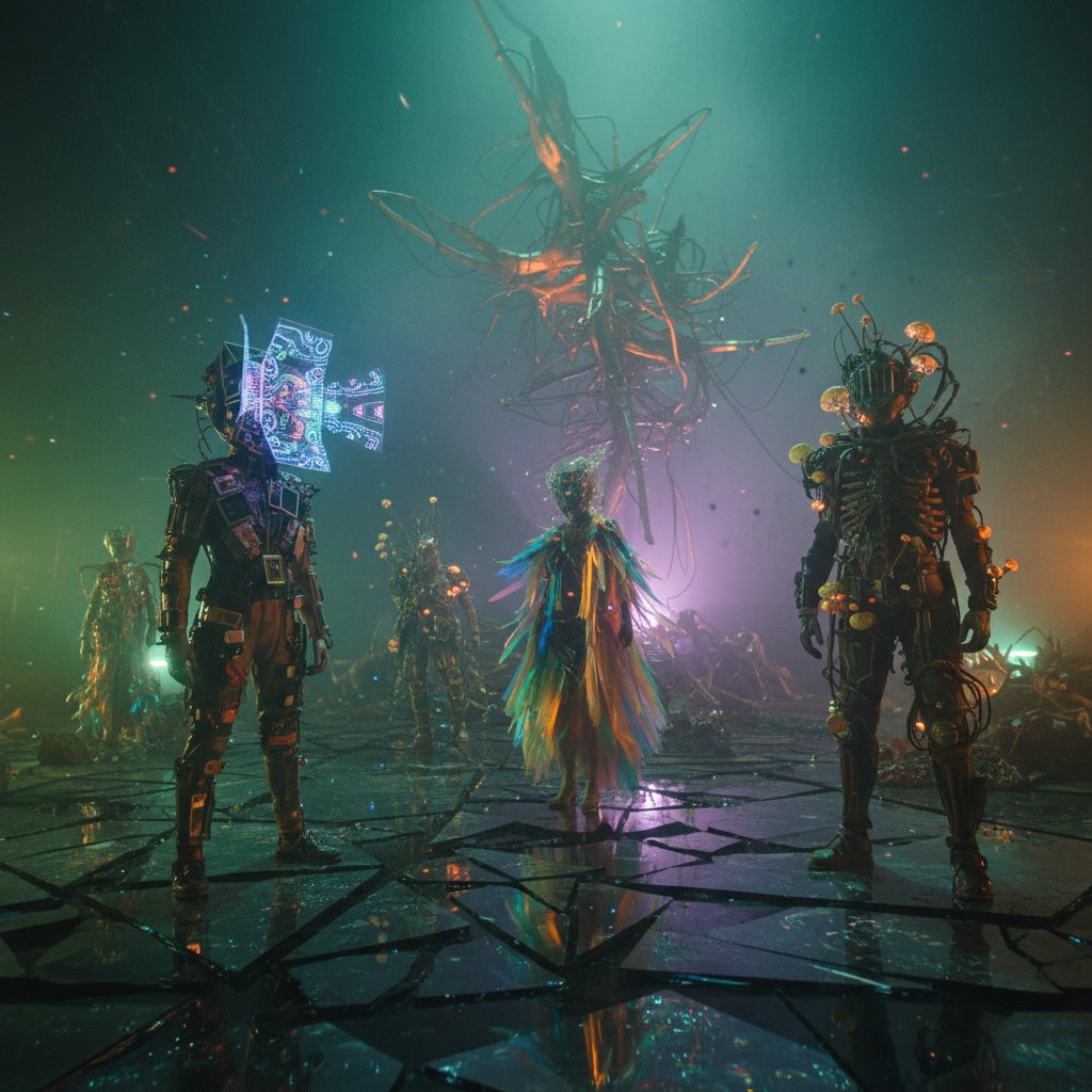 Experimental film set with avant-garde costumes, surreal lighting, 16:9