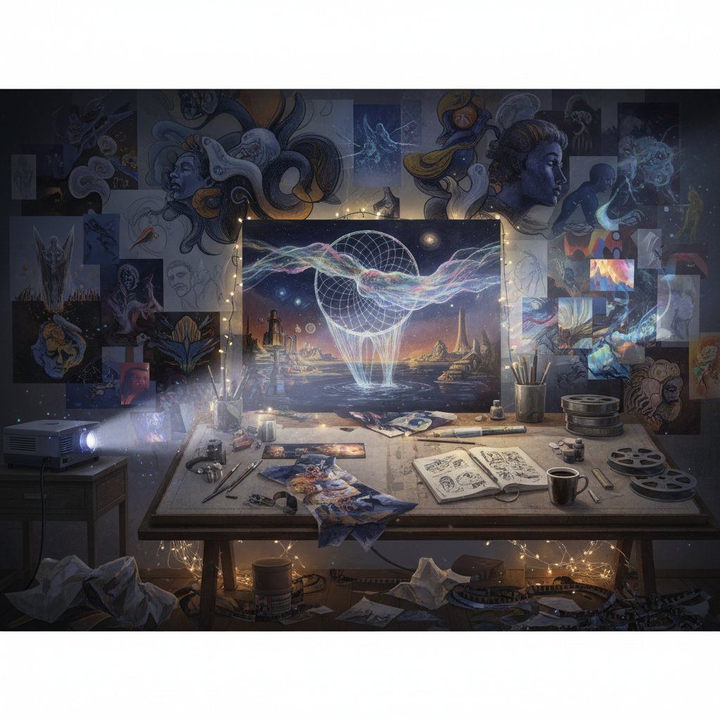 Experimental filmmaker brainstorming with abstract sketches and dreamlike images