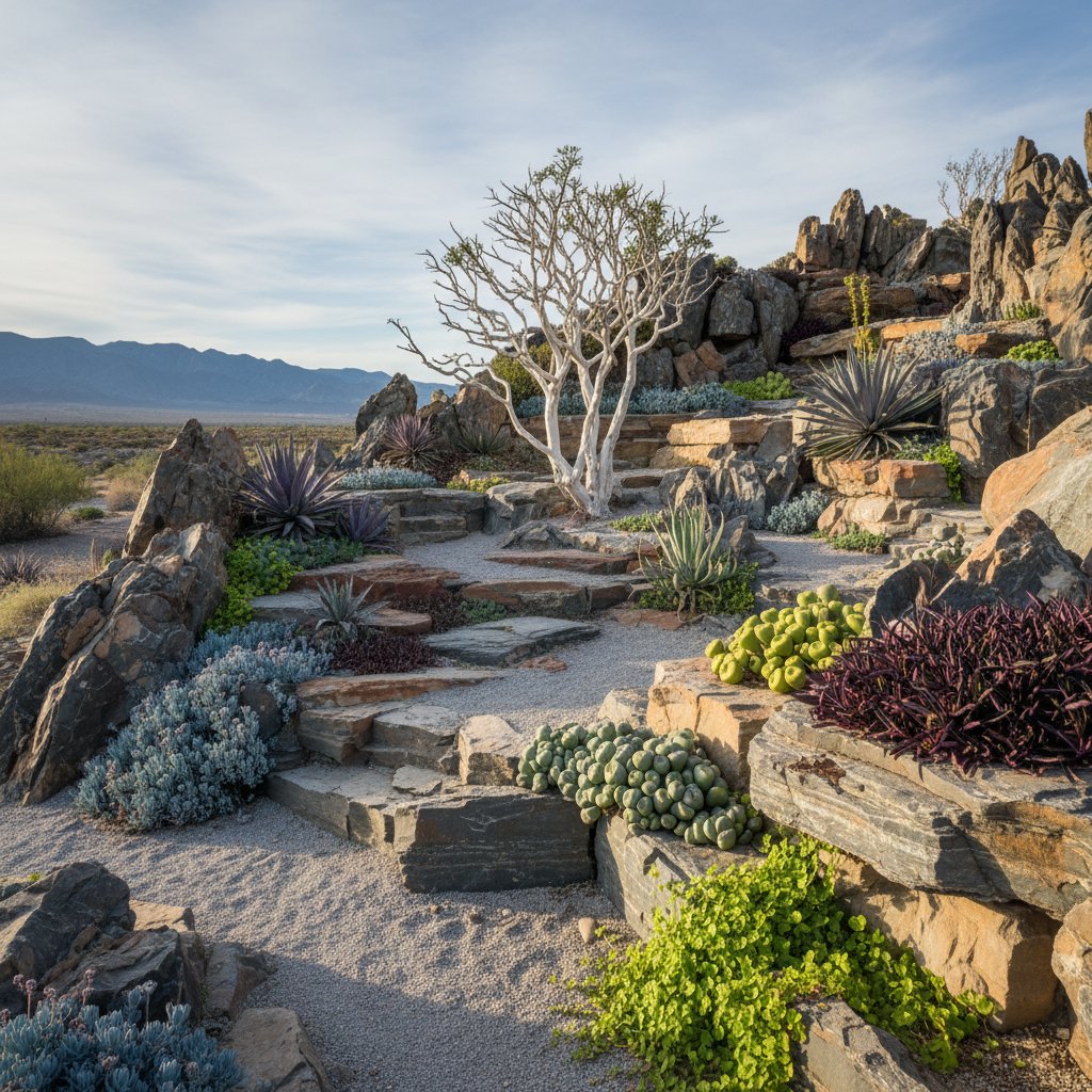 Nowoczesny skalniak z nietypowymi, eksperymentalnymi roślinami