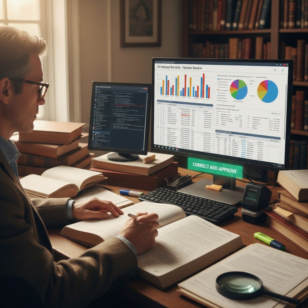 Expert manually correcting AI-indexed records, human reviewing AI-tagged documents for rare context and accuracy, document indexing process