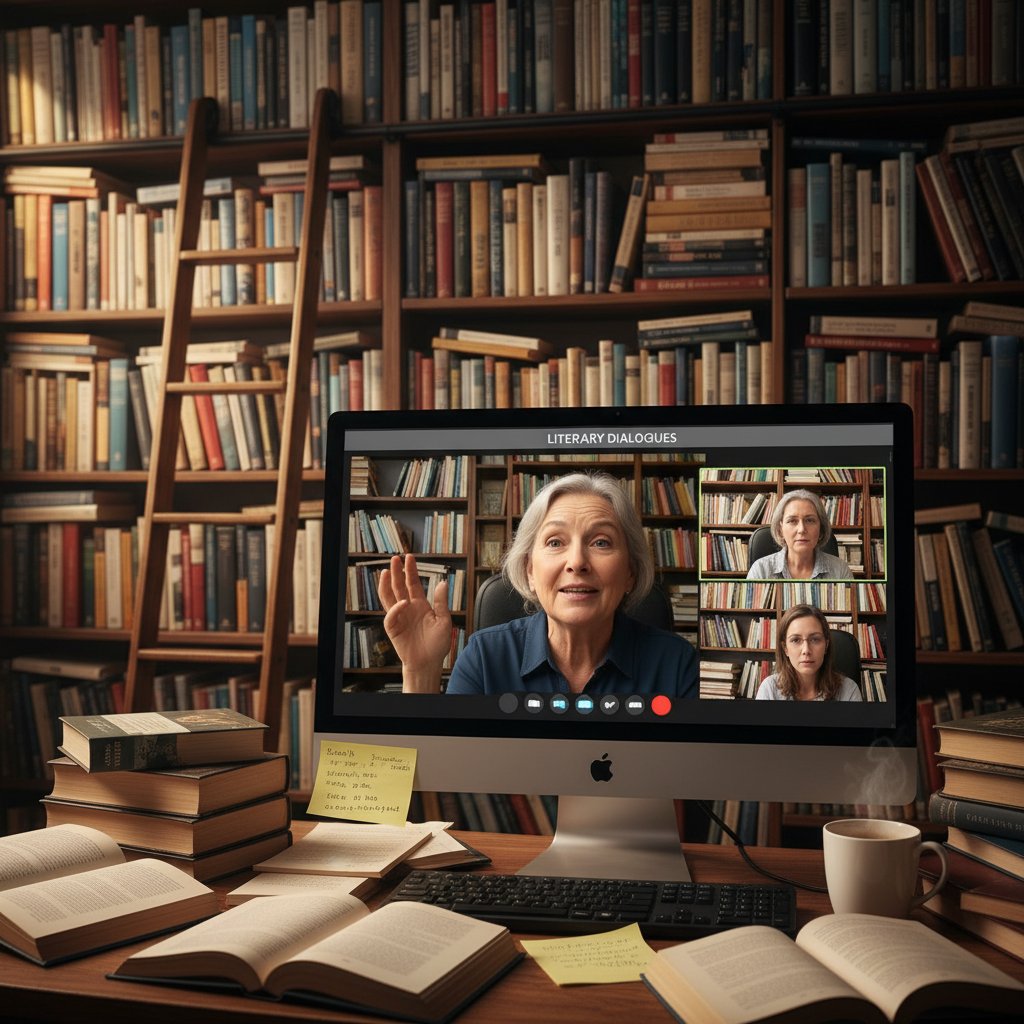 Ekspert tłumaczy coś podczas wideokonferencji, tło książki i komputer, profesjonalna atmosfera