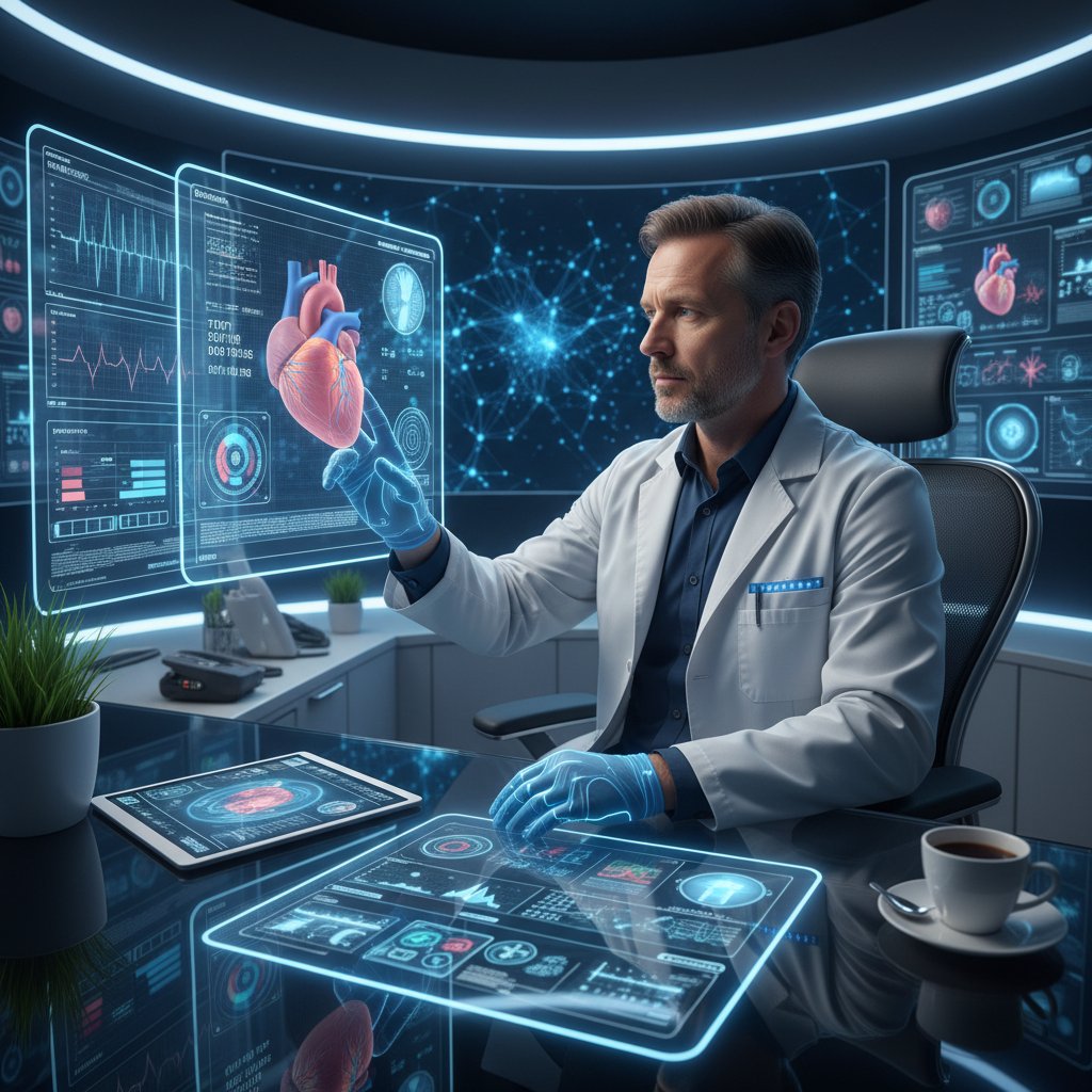 Ekspert analizuje dane z holtera na ekranie komputera w otoczeniu nowoczesnej technologii