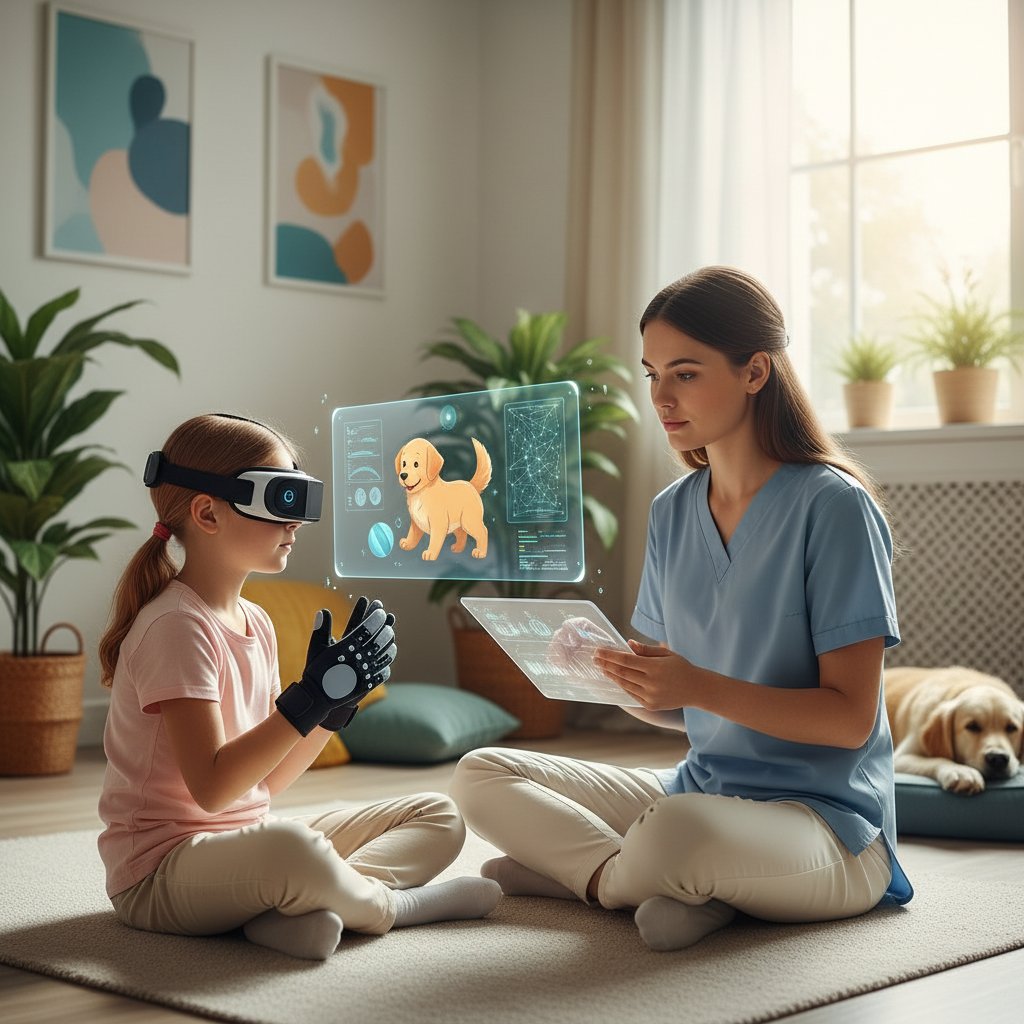 Specjalista analizuje interakcje dziecka z zaawansowanym AI pies symulatorem – technologia i terapia