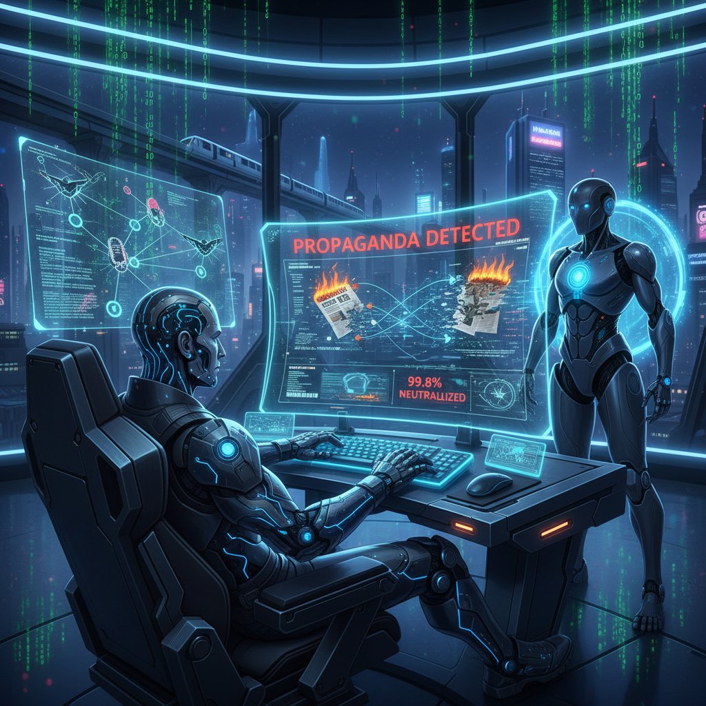 Ekspert przy komputerze analizujący dane ze wsparciem AI, futurystyczna atmosfera, walka z propagandą