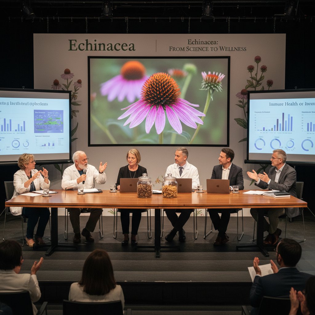 Dyskusja panelowa ekspertów na temat suplementów z echinaceą na tle sali konferencyjnej