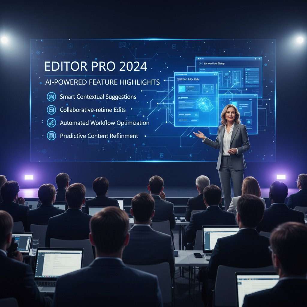 Ekspert prezentujący kluczowe funkcje nowoczesnego edytora treści podczas konferencji