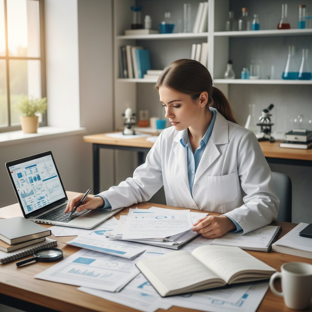 Ekspert analizujący dokumenty naukowe w pracowni, z laptopem i notatkami na stole