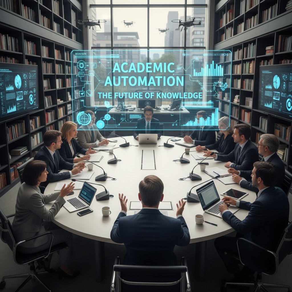 Diverse group of experts debating academic automation at a roundtable discussion