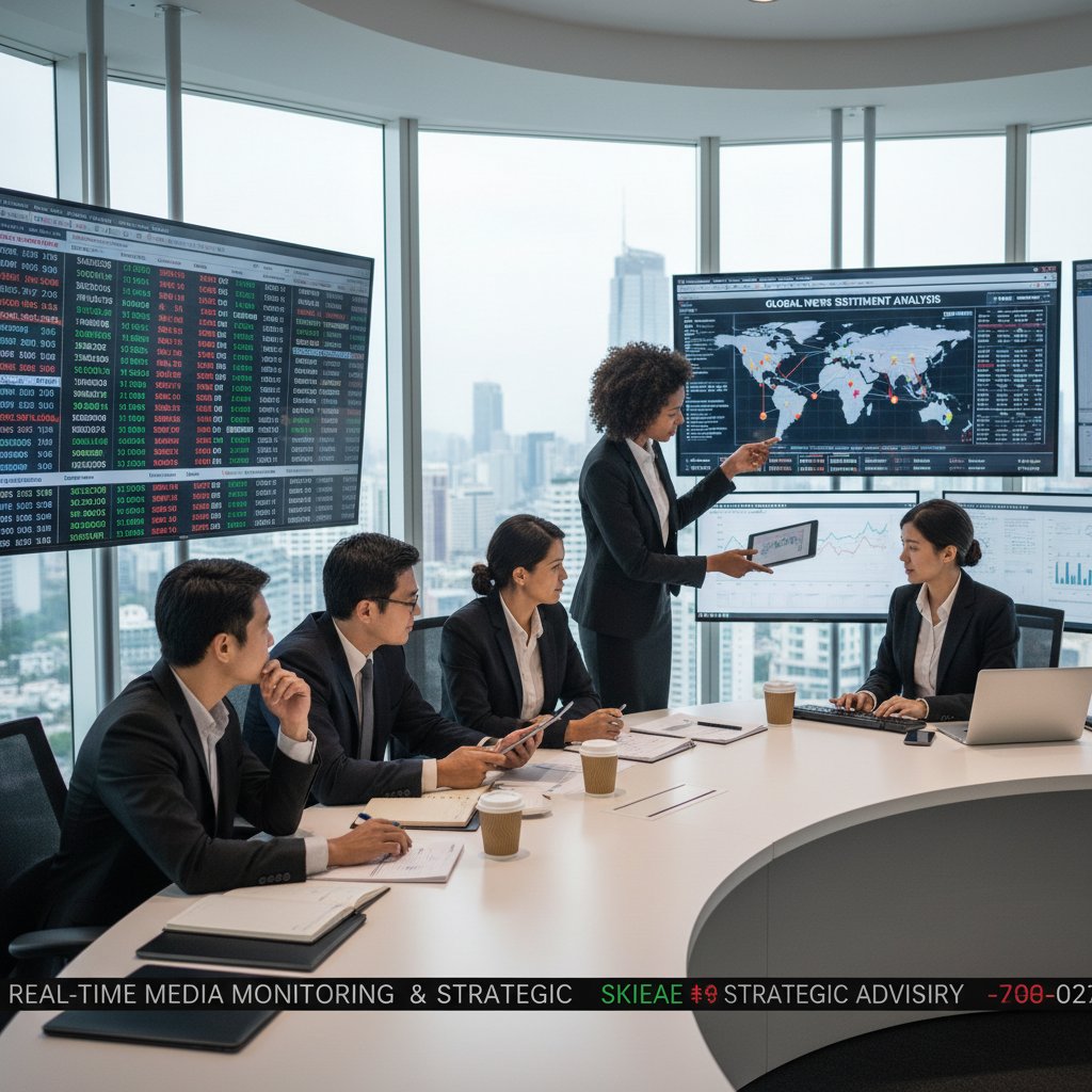 Zespół ekspertów doradzający klientowi przy ekranie z analizą newsów