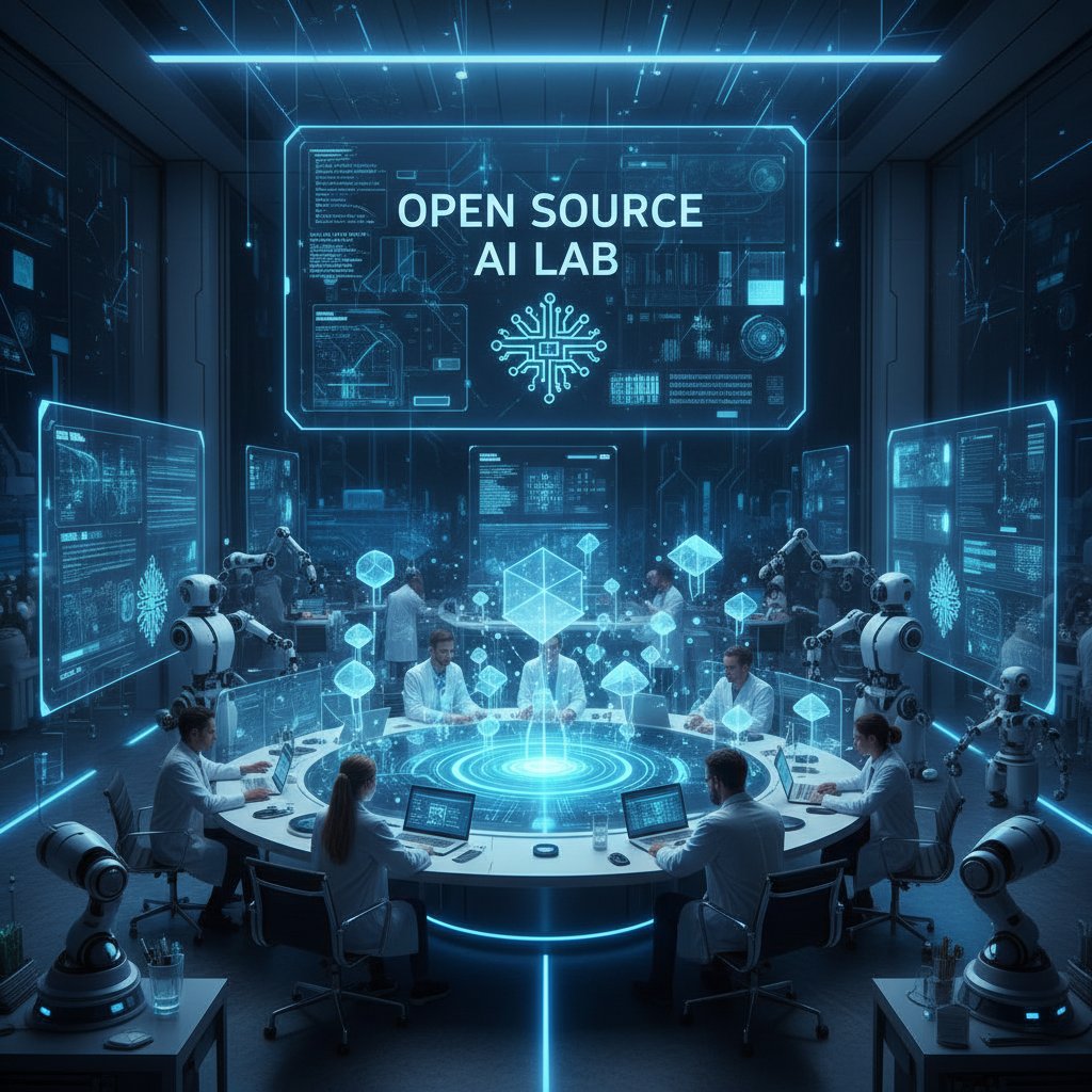 Grupa ekspertów AI podczas pracy nad agentami open source w nowoczesnym laboratorium